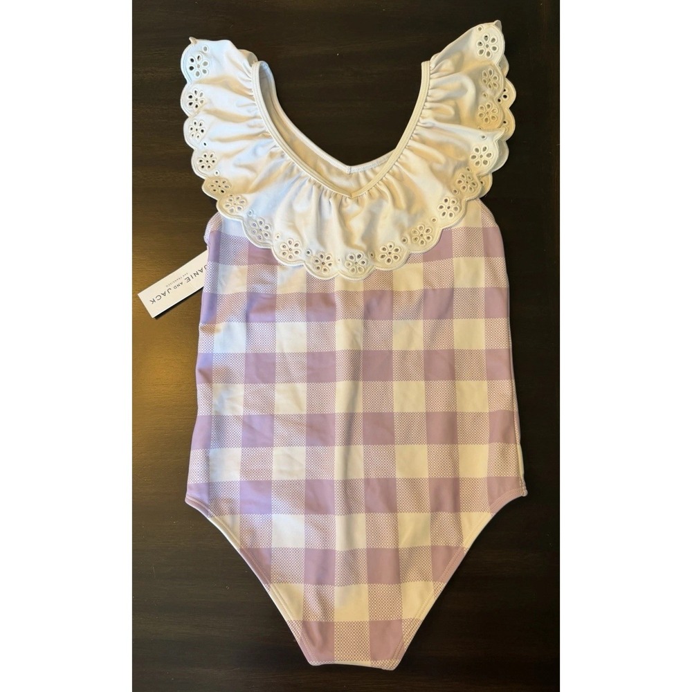 : Janie and Jack NWT Girls Easter Gingham Ruffle Swimsuit Purple White Size 12 - Picture 2 of 4